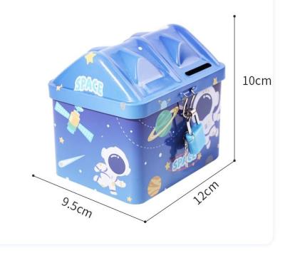 China Gift & Craft OEM Design Mini House Metal Tin Can Piggy Bank Coin Bank Saving Box With Lock for sale