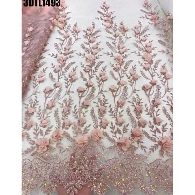 China Schöne 3D-Blumen-Glitzer-Spitze Rosa Französisch Brautkleid Türkisch gestickte Blumen Tulle Spitze für Abendkleid Stoff zu verkaufen