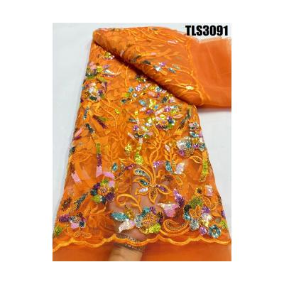 China Hochzeitskleid Brautkleid Stoff verbrannte orange Pailletten Spitze Österreich Stickerei Französisch Tulle Spitze Damenkleid Ghana Stoff zu verkaufen