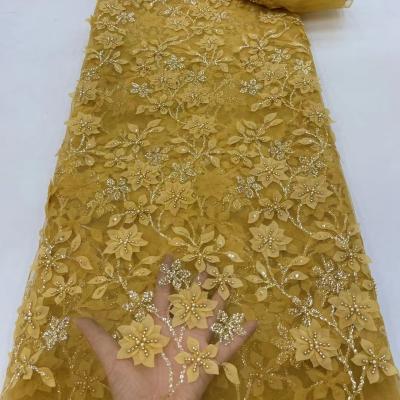 China Supoo einfache Farbe 3D Applique Blumen Spitze Stickerei mit Perlen Ghana Spitze Stoff Hochzeitskleid für die Party zu verkaufen