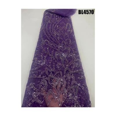 China Fashion High Quality Embroidery Heavy Pearl Bead Bridal Lace Fabric Handmade Sequin Embroidered Bead Net Lace Fabric for sale