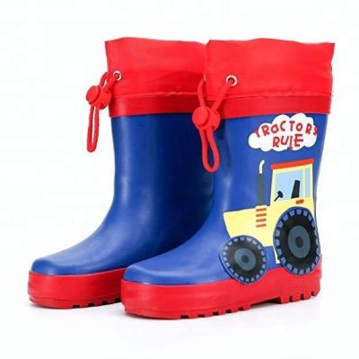 China Wholesale Print Rubber Upper Children Blue Car Boots Kids Rain Boots With Red Cuff for sale