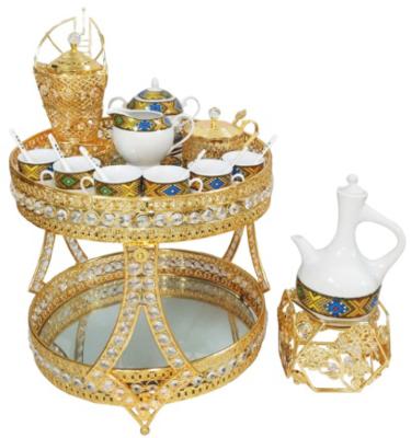 China Customized traditional Ethiopian Mediterranean Middle East metal cafe rekebot table with china coffee set for sale