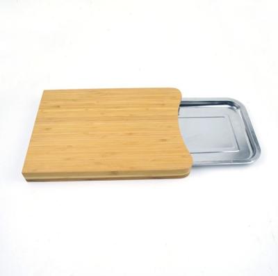 China Sustainable Kitchen Bamboo Cutting Board With Stainless Steel Vegetable Tray Metal Container For Fruit for sale