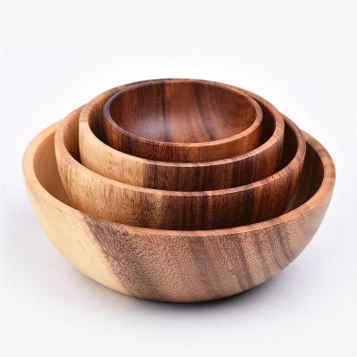 China Sustainable Wholesale Natural Wooden Acacia Salad Round China Mixing Bowl Serving Set for sale