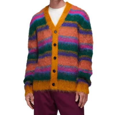 China 2023 Custom Anti-wrinkle Sweater V-neck OEM and ODM Logo Button Multicolor Jacquard Jacket Knit Mohair Men's Long Sleeve Cardigan Sweater for sale