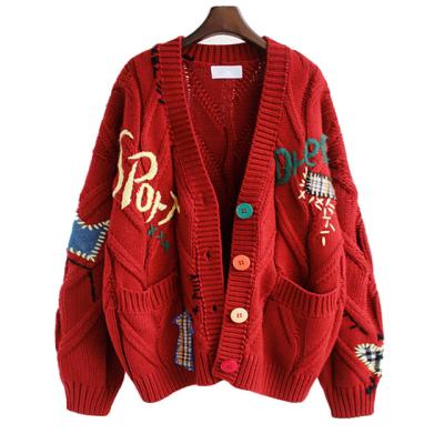 China Anti-Wrinkle Hot Sale Popular Women's Fall/Winter Jacket Oversized Knit Embroidered With Pockets Jacquard Loose Women's Cardigan Sweater Jacket for sale