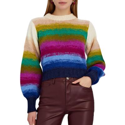 China European and American Rainbow Streetwear Clothes Winter Ladies Fashion Anti-wrinkle Stripes Knit Women Pullover Short Top Casual Sweater for sale