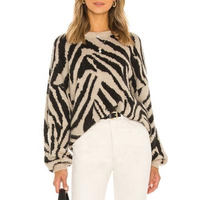 China Anti-wrinkle ODMCustom high quality wool knit casual women sweater lantern sleeve jacquard zebra print knitted tie dye women pullover sweater for sale