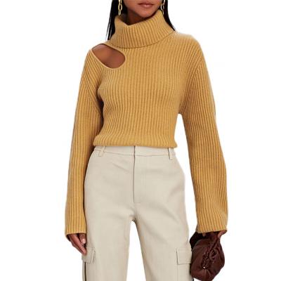 China Fashion Anti-wrinkle Winter Custom Knitwear Ladies Long Sleeve Casual Ribbed Knit Women Sweater Cutout Thicker Turtle Neck Knitted Sweater for sale