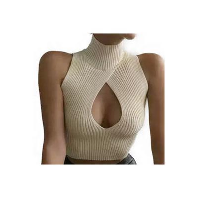 China Summer Fashion Anti-Wrinkle High Collar Sleeveless Thin Knitted Crop Top Tank Knitted Vest Hollow Out Knitted Solid Color Crop Top Vest for sale