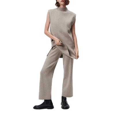 China Custom Made French Women's Fashion Breathable Sets Solid Color Long Knitted Sleeveless Top Wide Leg Pants Casual Two Piece Women Set Sweater for sale