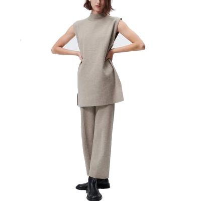 China Custom Made French Women's Anti-Wrinkle Fashion Sets Solid Color Long Knitted Sleeveless Top Wide Leg Pants Women Set Casual Two Piece Sweater for sale