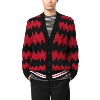 China Anti-Wrinkle Custom ODM Fashion Mens Sweaters Jacket Long Sleeve Knit Color Block Jacquard Stripes Knitted Cardigans Mens Sweater Cardigans for sale