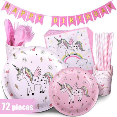 China Food Container Birthday Party Decoration Paper Plate Set Pink Unicorn Theme Banner Cup Tableware Paper Plate Set for sale