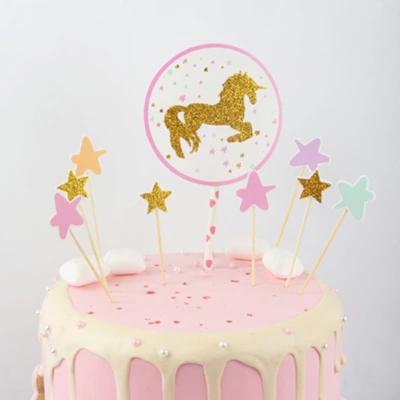 China Glitter Paper Unicorn Round Cake Topper Birthday Party Decoration Supplies for sale