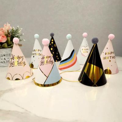 China Hot Selling New Kids Party Paper Hat Happy Birthday Party Paper Cute Stamping Cute Hats Printing Hat for sale