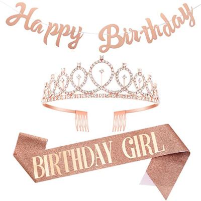 China Birthday Decoration Birthday Party Girl Birthday Girl Crown Banner Rose Gold Set Birthday Tag Sash for sale