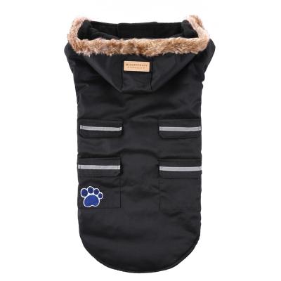 China Designer China Factory Custom Viable Warm Reflective Fleece Black Large Winter Pet Dog Coat With Fur Hood for sale