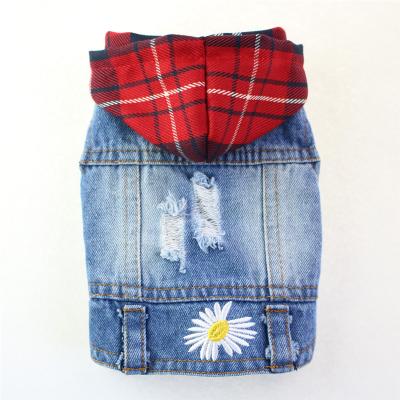 China Viable Wholesale Broken Hole Vest Dog Small Luxury Pet Flower Clothes Denim Dog Jacket for sale