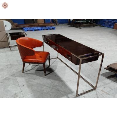 China Contemporary Hotel Bedroom Desks Walnut Veneer Furniture Gloss Finish Table With Stainless Steel Frame for sale