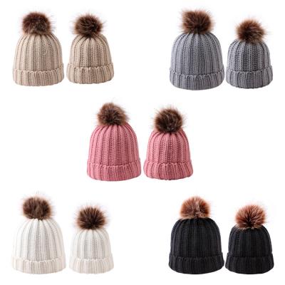 China COMMON MY Miyar Mom and Baby winter hat fur pom pom warm crochet knit beanie hat with pompom for sale