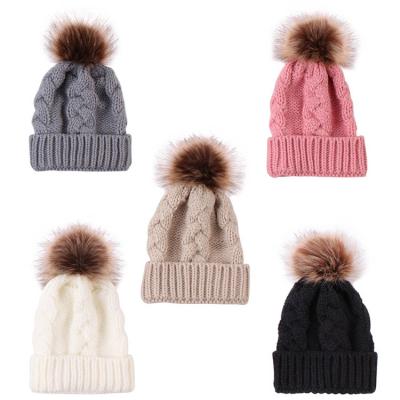 China New Winter Children Winter Warm Acrylic Crochet Hat Fashion Custom Fur Pom Pom Cable Knit Baby Hat for sale