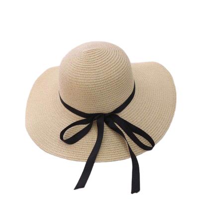 China Character Women Wide Brim Beach Hat Bowknot Summer Sun Foldable Straw Hat for sale