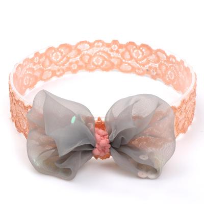 China Environmental Friendly Organza Bow Hairband Baby Fashion Lace Elastic Headband With Glitter for sale