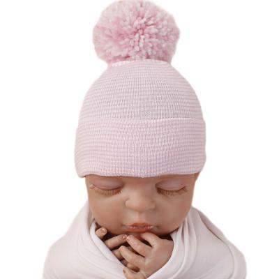 China Custom Logo White Color Striped 0-6 Months Newborn Hospital Beanie Hats With Pom Pom for sale