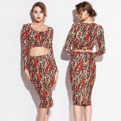 China Who respects the environment. Breathable Super Sexy Wavy Long Sleeve Printed Knee Length Skirt Slit Dress Set for sale