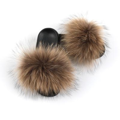 China Female Furry Women Shoes Spring Summer Real Fox Fur Fuzzy Slippers Real Fur Slides Women Fur Slippers for sale