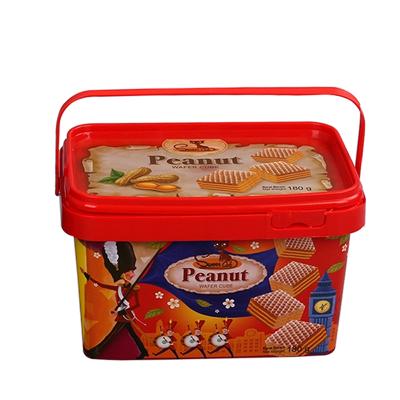 China Custom Recyclable Accept Food Grade PP Plastic IML Printing 400g Biscuit Cookie Jar Plastic With Lids Handle for sale