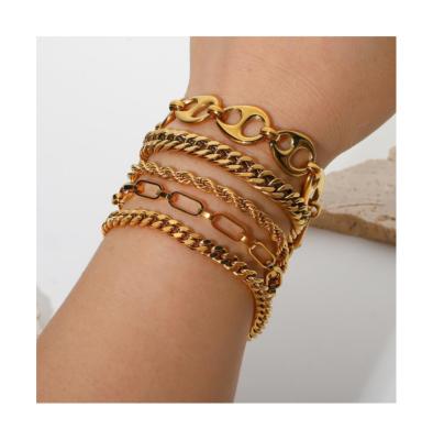 China Women Punk Trendy Jewelry Set Miami Cuban Chain Bracelet Bangle Flat Snake Stacking 18k Gold Plated Stainless Steel Bracelet For WOMEN for sale