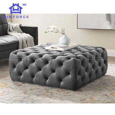 China Modern Living Room Sofa Ottoman Pouf Gray Velvet Expandable Space Saver Embellished Button Chesterfield Ottoman Stool for sale