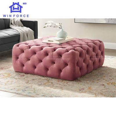 China Nordic Luxury New Design Stretch Velvet Fabric Stool Thickening Multiple Color Chesterfield Square Ottoman for sale