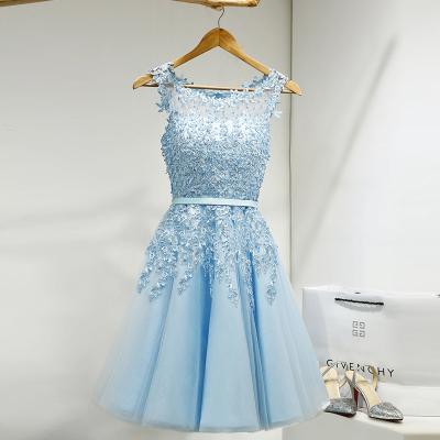 China 2022 Anti-Static Hot Selling Elegant Knee Length Women Girls Dresses Light Blue Red Pink Pearl Appliques Formal Party Dresses for sale