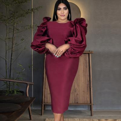 China Anti-wrinkle 2022 New Style Lantern Sleeve Midi Long Ruffles Wedding Party Dress Plus Size Burgundy Women Dress Even Elegant Dresses for sale