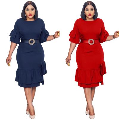 China 2022 New African Solid Color Anti-Wrinkle Half Sleeve Ladies Four Seasons Office Dress Elegant Plus-size Casual Dress With Belt for sale