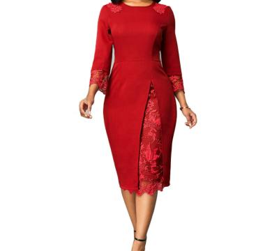 China Lady Slim Career Dress Women Size O Neck Breathable Petal Sheath Breathable Casual Fashionable Red Patchwork Lace Up Career Dress Plus Size Women for sale