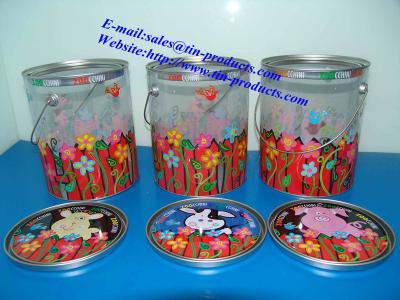 China Different Printed PET Tin Pail with metal Printed  lid and handle from Goldentinbox.com for sale