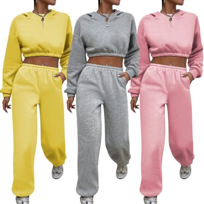 China European and American women's polyester/cotton autumn and winter solid color thin wide-leg slim fit hoodie with navel two-piece set for sale