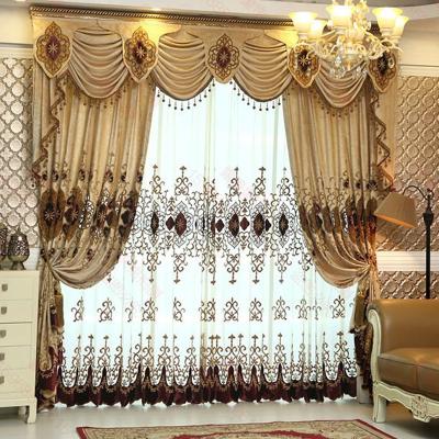 China European luxury blackout villa curtains set hollow black water-soluble chenille embroidery drapery window curtains living room for sale