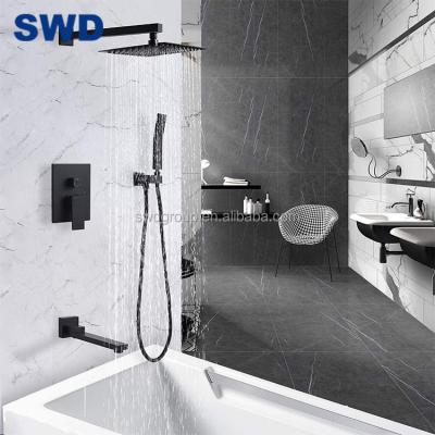 China With Brass Wall Mounted Sliding Bar Black Rain Concealed Shower Set With Hand Held Bathroom Shower for sale