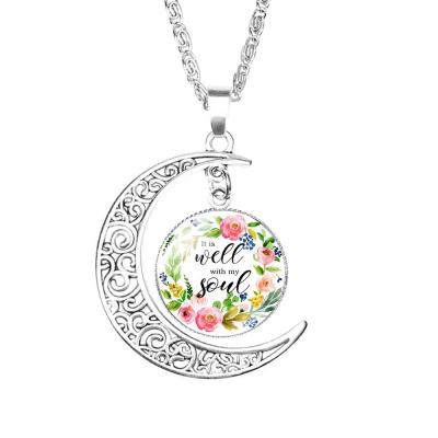 China Religious Bible Verse Moon Christian Necklace Faith Religious Jewelry Pendant For Girls He Is Well With My Soul for sale