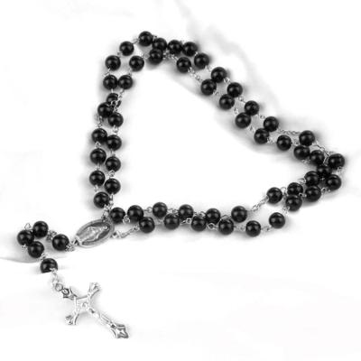 China Durable Black Imitation Pearl Rosary 8mm Beads Catholic Rosary Necklace Our Lady of Guadalupe Connector for sale