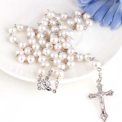 China Durable 8mm Imitation Pearl Rosary Beads Catholic Rosary Necklace For Women Hand Made for sale