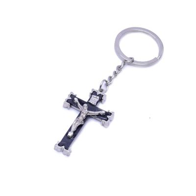 China Enameled Metal Silver Tone and Crucifix Pendant Key Chain, 4.4 Inches for sale