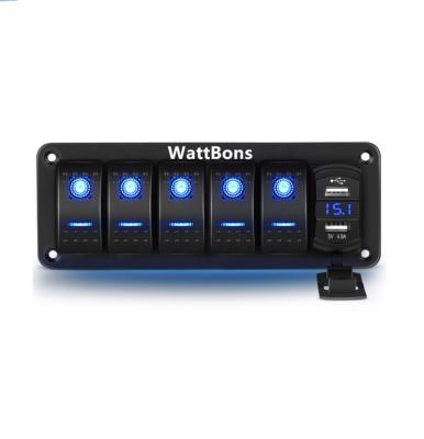 China Sturdy and durable WattBons 5 Gang Marine Boat Car Rocker Switch Panel with 4.8 Amp Dual USB Car Charger Voltmeter Waterproof 12V 24V for sale