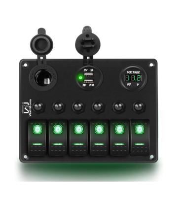 China Sturdy and durable WattBons 6 Gang  Green LED  Automotive Rocker Switch Panel  Pre-Wired  Marine Rocker Switch Panel  with Dual Car USB Charger for sale